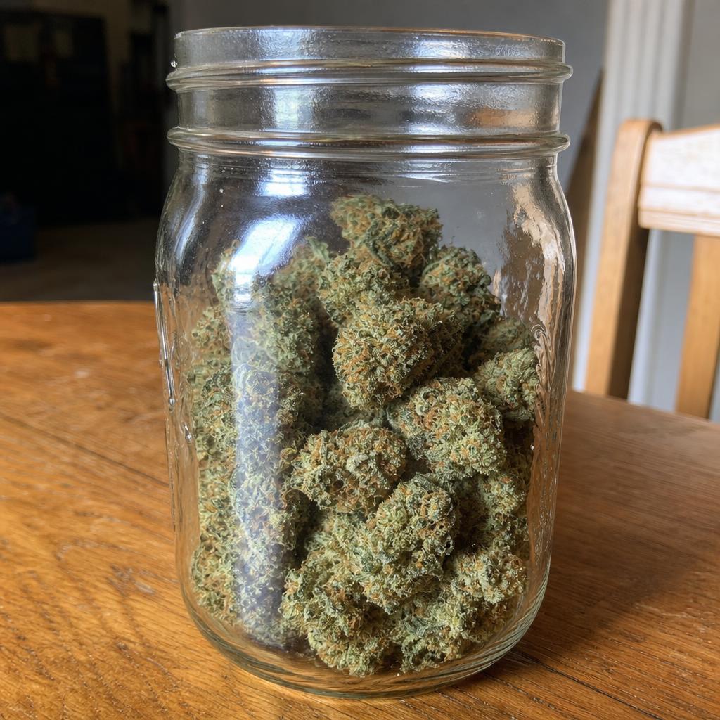 Mason jar filled with trimmed and cured home-grown cannabis buds