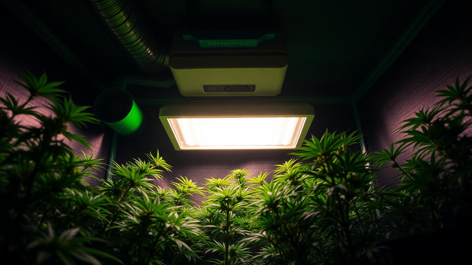 Indoor cannabis grow tent lit by a full-spectrum LED